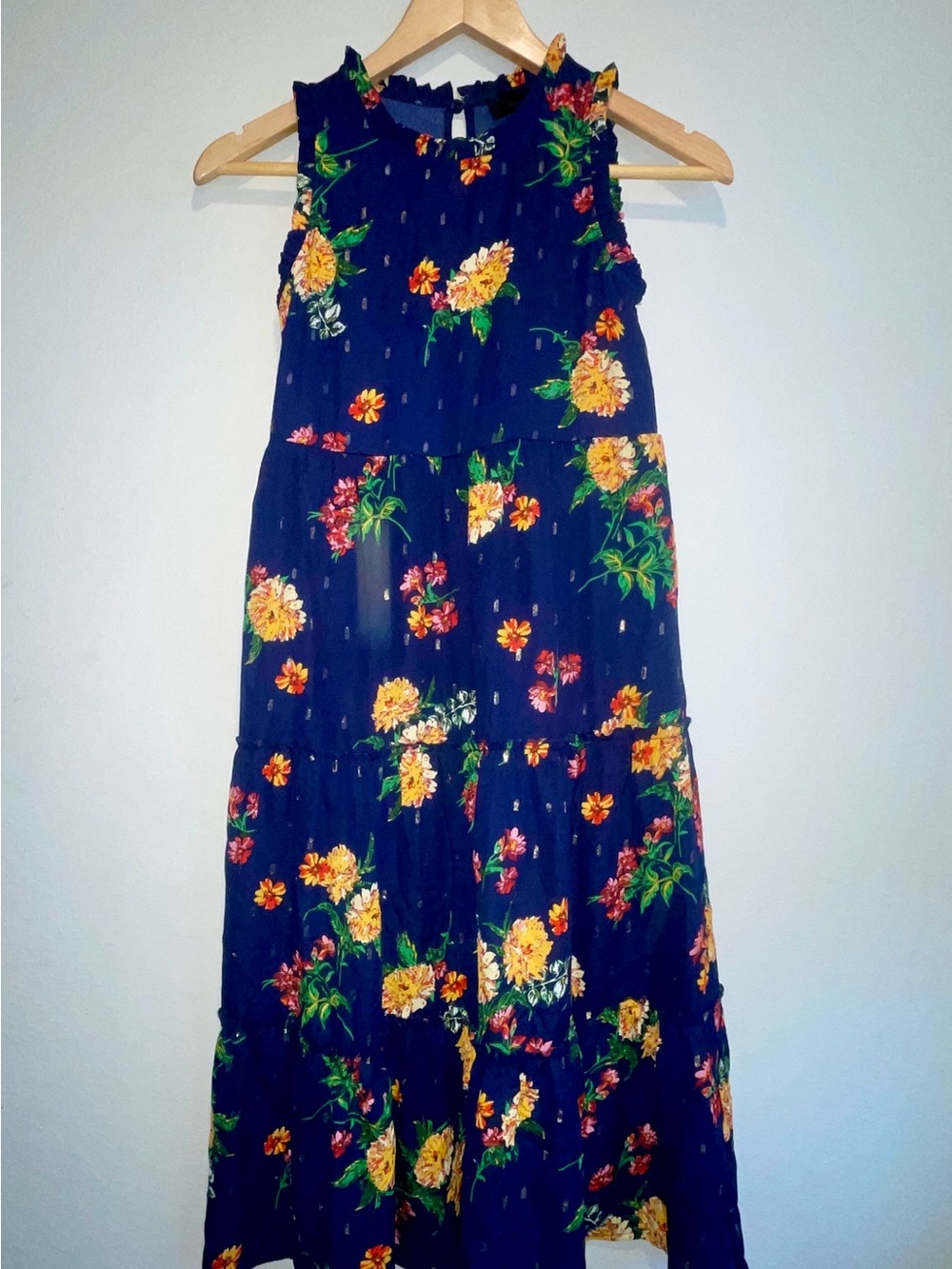 Zunie Navy Blue Floral Tiered Maxi Dress Size Small Gold Metallic Accent Sundre